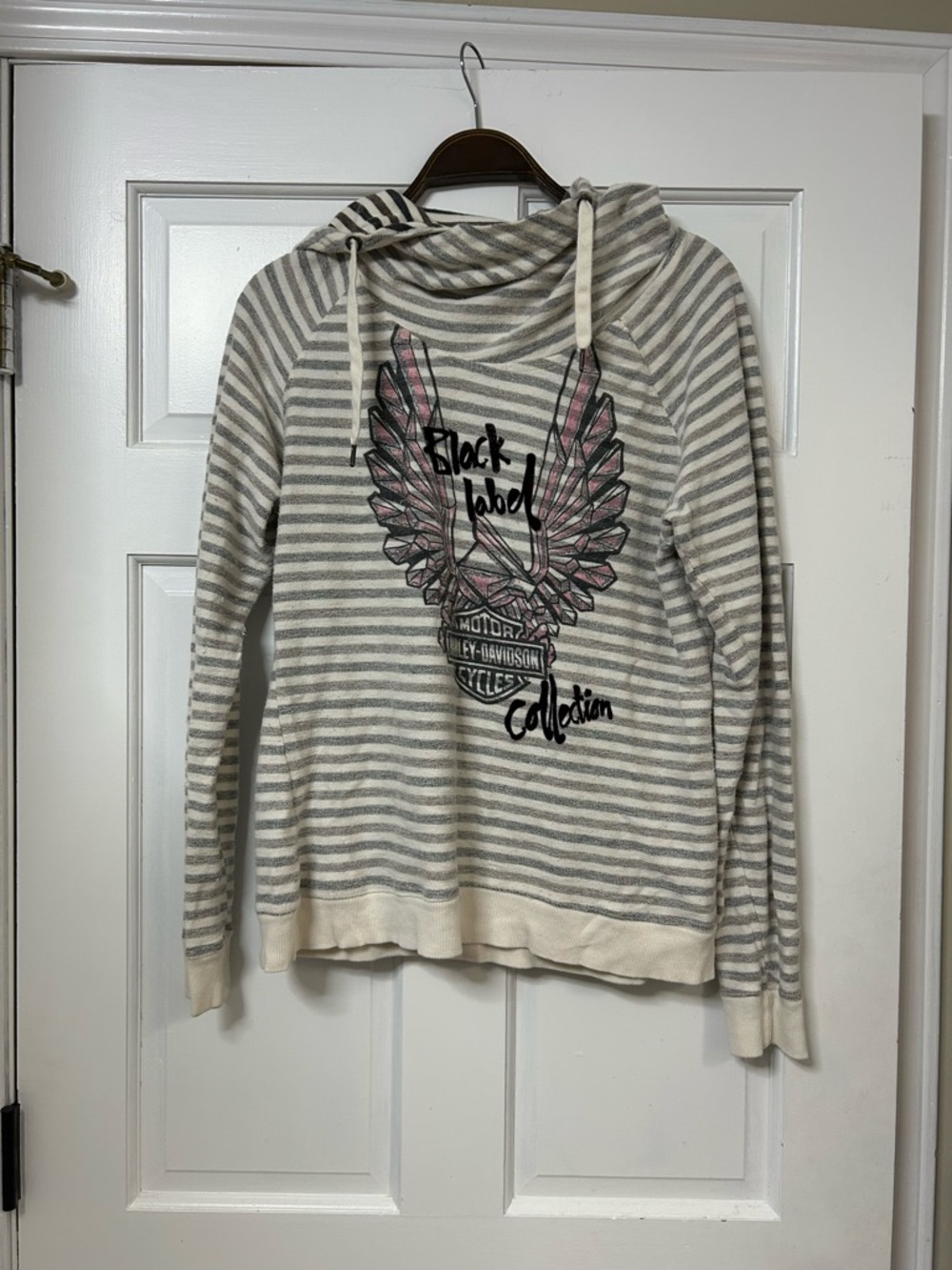 Harley-Davidson Gray & Cream Striped Cowl-Neck Hoodie with Pink Wing Graphic